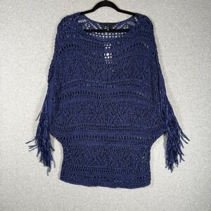 White house black market poncho womens XS NWT navy blue fringe crochet knit open